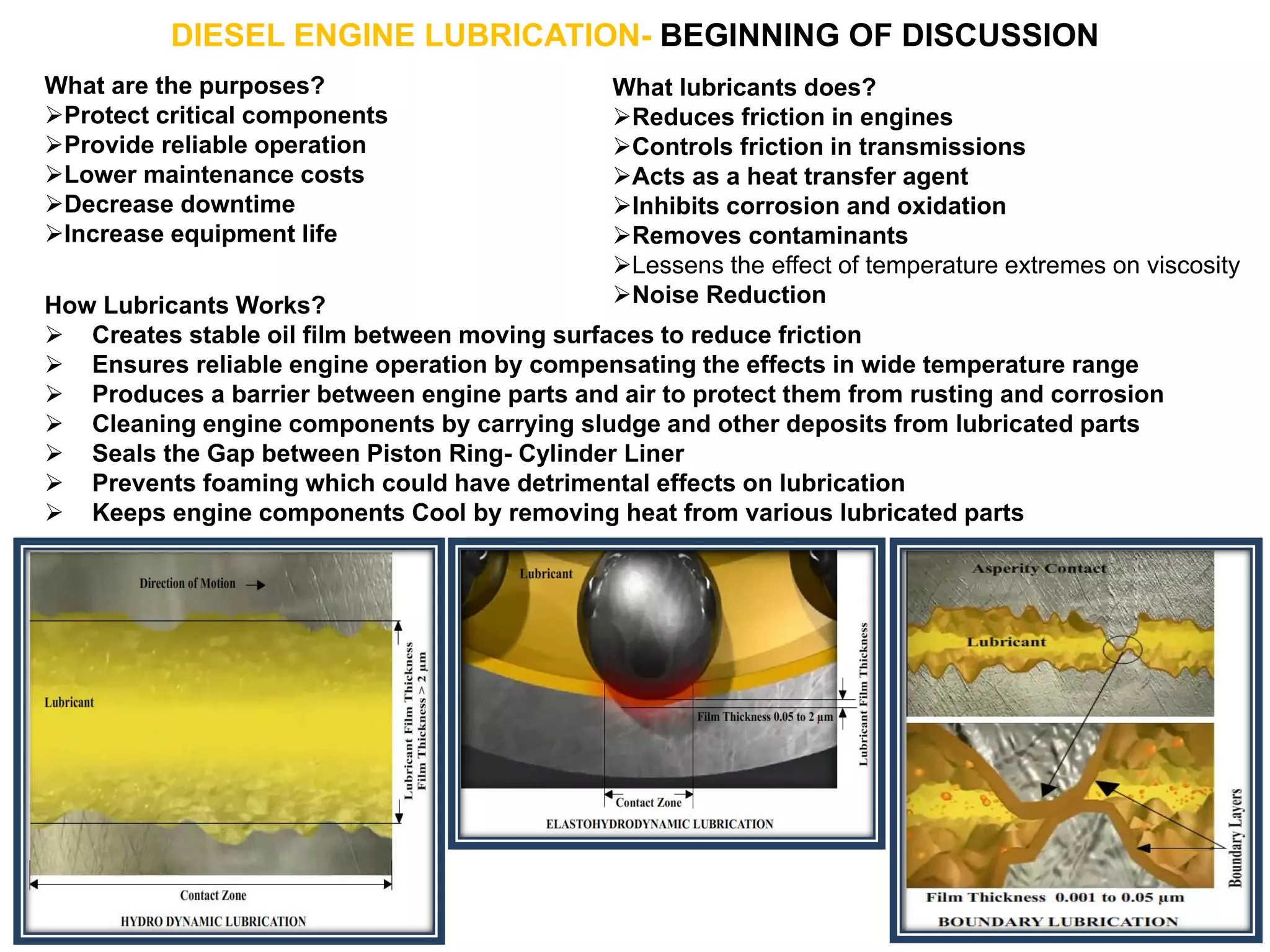 DIESEL ENGINE LUBRICATION- BEGINNING OF DISCUSSION
What lubricants does?
Reduces friction in engines
Controls friction in transmissions
Acts as a heat transfer agent
Inhibits corrosion and oxidation
Removes contaminants
Lessens the effect of temperature extremes on viscosity
Noise Reduction
What are the purposes?
Protect critical components
Provide reliable operation
Lower maintenance costs
Decrease downtime
Increase equipment life
How Lubricants Works?
 Creates stable oil film between moving surfaces to reduce friction
 Ensures reliable engine operation by compensating the effects in wide temperature range
 Produces a barrier between engine parts and air to protect them from rusting and corrosion
 Cleaning engine components by carrying sludge and other deposits from lubricated parts
 Seals the Gap between Piston Ring- Cylinder Liner
 Prevents foaming which could have detrimental effects on lubrication
 Keeps engine components Cool by removing heat from various lubricated parts
 