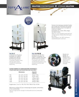 SOLUTION D’ENTREPOSAGE

STORAGE SOLUTION

Solution d’entreposage empilable ﬂexible
pour ﬂuides avec distribution par gravité.
Permet d’empiler jusqu’à trois types de
ﬂuides par support.
Compatible avec: huiles, FED, antigel,
lave-glace et plus
Make your own stackable gravity fed ﬂuid
storage solution. Allows three ﬂuid types
per stand
Safe storage of: oils, DEF, Antifreeze,
windshield washer and more

TAL70-3

3 réservoirs de 70 gallons
empilables sur support,
complets avec valve de
distribution par gravité
3 stackable 70 gallon tanks
with leg stand, comes
complete for gravity type
dispensing

TAL120-70-35

3 réservoirs de 120, 70 et
35 gallons empilables sur
support, complets avec valve
de distribution par gravité
3 stackable tanks (120, 70
and 35) with leg stand, comes
complete for gravity type
dispensing

Ajoutez une
pompe, un
dévidoir et un
compteur Graco
Optional Graco
pump, reel
and meter also
available

Dimensions
T35
T70
T120
T180
T240

32” x 32” x 10” (H)
32” x 32” x 20” (H)
32” x 32” x 32” (H)
42” x 42” x 33” (H)
42” x 42” x 42” (H)

Capacité
Capacity
35 gal / 130 L
70 gal / 260 L
120 gal / 450 L
180 gal / 680 L
240 gal / 900 L

Support pour / Stand for T35, T70, T120, T180 et T124 = 24”(H)
Maintenant certiﬁés ULC pour entreposages de liquides combustibles
et non-combustibles
Now ULC approved for storage of combustible and non combustible
liquids

WWW.LUBEQUIP.CA

AUTRES FORMATS ET CONFIGURATIONS DISPONIBLES :
OTHER SIZES AND CONFIGURATIONS ARE AVAILABLE:

21

 
