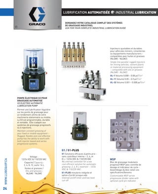 LUBRIFICATION AUTOMATISÉE

INDUSTRIAL LUBRICATION

DEMANDEZ VOTRE CATALOGUE COMPLET DES SYSTÈMES
DE GRAISSAGE INDUSTRIEL
ASK FOR YOUR COMPLETE INDUSTRIAL LUBRICATION GUIDE

Injecteurs ajustables et durables
pour véhicules miniers, cimenteries
ou équipements manufacturiers compatibles avec huiles et graisses
(NLG#0 - NLG#2)
Single line parallel rugged injectors
for mining vehicles, cement plants
or material processing equipment
– compatible with oils or greases
(NLG#0 - NLG#2)
GL-1 Volume 0.008 – 0.08 po3 / in³
GL-11 Volume 0.05 – 0.5 po3 / in³
GL-32 Volume 0.001 – 0.008 po3 / in³

POMPE ÉLECTRIQUE G3 POUR
GRAISSAGE AUTOMATISÉ
G3 ELECTRIC AUTOMATIC
LUBRICATION PUMP
Permet une lubriﬁcation régulière
sur les points de graissage pour
un rendement ultime de votre
machinerie stationnaire ou mobile.
La G3 est programmable, durable
et rentable. Elle s’adapte aux
systèmes de graissage progressifs
ou à injections.
Maintain constant greasing of
your ﬁxed or mobile equipment –
Rugged, ﬂexible and cost effective
pump has the ability to work with
both injector based and series
progressive systems.

WWW.LUBEQUIP.CA

G1 / G1-PLUS

24

Voltage :
12/24 VDC & 110/220 VAC
Capacité / Capacity :
2, 4, 8, 12, ou/or 16 L
Huiles et graisses /
Oils and greases :
NLG#0 - NLG#2

G1 Solutions efﬁcaces à petits prix sans contrôleur interne – 2, 4, et
8 L– 12/24 VDC & 110/220 VAC
No internal controller for a low
cost efﬁcient solution for automatic
greasing: 2, 4, 8 L reservoir - 12/24
VDC & 110/220 VAC.
G1-PLUS minuterie intégrée et
option d’arrêt lorsque vide
Internal on/off timer and low level
cut-off

MSP

Bloc de graissage modulaire
progressif MSP avec contrôle de
dosage et indicateur de cycle Assemblage du bloc selon vos
spéciﬁcations/besoins
Customizable MSP series
progressive divider valve with
optional cycle pin indicator

 