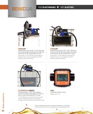 FED ÉLECTRIQUES

CBBSS20*

DEF ELECTRIC

CTBSS20*

28

Pompe Smart Start en SST, 1/2 HP, 120V, pour
cube avec démarrage automatique avec boyau
de distribution de 20’, pistolet SST et rotule
Smart Start 1/2 HP 120V SST Pump with 20’
delivery hose on tote packages and SST
delivery nozzle with swivel

C13TB20 & C13BB20*

WWW.LUBEQUIP.CA

Pompe Smart Start en SST, 1/2 HP, 120V, pour
baril à démarrage automatique avec boyau de
distribution de 20’, pistolet SST et rotule
Smart Start 1/2 HP 120V SST Pump with 20’
delivery hose on drum packages and SST
delivery nozzle with swivel

FMA

Pompe plastique, 1/3 HP, 120V, à départ
manuel avec boyau de distribution de 20’ sur
baril et cube avec pistolet SST et rotule
1/3 HP 120V plastic pump with manual start
with 20’ delivery hose on drum and tote
packages with SST delivery nozzle with swivel

Totalisateur digital en litres
Digital meter (L)

*Pour une application fermée, connecteur Micromatic en sus (3713)
*Micromatic connector for closed applications sold separately (3713)

 
