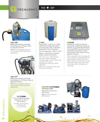 FED

W85-CD*

W85 pompe hybride à amorçage
automatique sur 110 V pour barils
en application fermée
W85 Self-priming hybrid electric
110 V pump for DEF closed drum
applications

DEF

S1000

Solution FED « tout-en-un » 3780 L
(1000 USG) complète avec boîtier
incluant pompe 110V, 15’ de boyau,
dispensateur SST automatique
Formats disponibles : 1890 à 11 300 L
Options : unité isolée et chauffée,
dévidoir, gestion d’inventaire
DEF “All-in-one” 1000 USG poly
tank with dispense package
includes pump, 15’ hose, meter and
automatic SST nozzle
Available poly tank sizes: 500 to
3000 USG
Options: Insulated & heated, hose
reel, tank monitoring

W85-CT*

W85 pompe hybride à amorçage
automatique sur 110 V pour cubes en
application fermée
W85 Self-priming hybrid electric
110 V pump for DEF closed tote
applications

WWW.LUBEQUIP.CA

11-13 GPM

30

* Inclus: support de pompe,
boyaux (4’ succion et
20’ livraison).
Includes: pump support,
20’ delivery &
4’ suction hoses

BIENTÔT DISPONIBLE
AVAILABLE SOON
Pompe de transfert pour
FED en Vrac
Bulk transfer pumps for
DEF delivery

HDM500

Système de contrôle d’inventaire
compatible au FED avec transfert de
données via clé USB. 500 utilisateurs.
Journal de 2000 transactions et plus.
Compatible avec essence, diesel,
huile, graisse, FED, antigel et autres
liquides chimiques
DEF compatible control management
system allows for detailed reporting
with USB data transfer. 500 Users.
2000+ transactions electronic journal
Compatible ﬂuids: Gas, diesel, fuel,
oils, grease, DEF, antifreeze and
chemicals

 