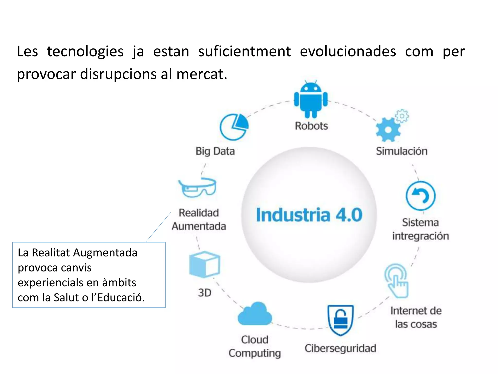 Les tecnologies ja estan suficientment evolucionades com per
provocar disrupcions al mercat.
La Realitat Augmentada
provoca canvis
experiencials en àmbits
com la Salut o l’Educació.
 