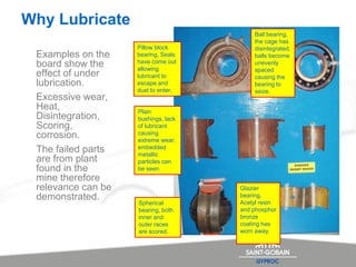 Why Lubricate
Examples on the
board show the
effect of under
lubrication.
Excessive wear,
Heat,
Disintegration,
Scoring,
corrosion.
The failed parts
are from plant
found in the
mine therefore
relevance can be
demonstrated.
Glazier
bearing,
Acetyl resin
and phosphor
bronze
coating has
worn away.
Spherical
bearing, both
inner and
outer races
are scored.
Ball bearing,
the cage has
disintegrated,
balls become
unevenly
spaced
causing the
bearing to
seize.
Pillow block
bearing, Seals
have come out
allowing
lubricant to
escape and
dust to enter.
Plain
bushings, lack
of lubricant
causing
extreme wear,
embedded
metallic
particles can
be seen.
 