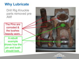 Why Lubricate
Drill Rig Knuckle
parts removed pre
AM!
The Pins are
corroded &
the bushes
heavily worn.
A rebuilt
example
shows how the
pin and bush
should look.
 