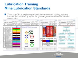 Lubrication Training
Mine Lubrication Standards
Train out OPL’s explaining mine lubricant colour coding system,
Lubrication frequency symbols, grease grades and AM lubrication
procedure.
 