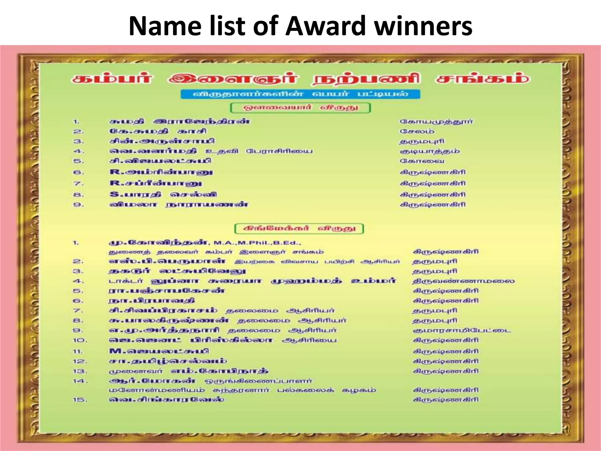 Name list of Award winners
 
