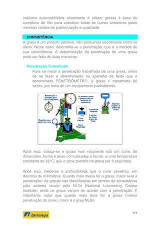 111
indústria automobilística atualmente é utilizar graxas à base de
complexo de lítio para substituir todas as outras anteriores pelas
mesmas razões de padronização e qualidade.
CONSISTÊNCIA
A graxa é um produto pastoso, não possuindo viscosidade como os
óleos. Neste caso, determina-se a penetração, que é a medida de
sua consistência. A determinação da penetração de uma graxa
pode ser feita de duas maneiras:
Penetração Trabalhada
Para se medir a penetração trabalhada de uma graxa, antes
de se fazer a determinação no aparelho de teste que é
denominado PENETRÔMETRO, a graxa é trabalhada 60
vezes, por meio de um equipamento padronizado.
Após isso, coloca-se a graxa num recipiente sob um cone, de
dimensões, forma e peso normalizados e faz-se, a uma temperatura
constante de 25°C, que o cone penetre na graxa por 5 segundos.
Após isso, mede-se a profundidade que o cone penetrou, em
décimos de milímetros. Quanto mais macia for a graxa, maior será a
penetração. As graxas são classificadas em termos de consistência
pelo sistema criado pelo NLGI (National Lubricating Grease
Institute), onde os graus variam de acordo com a penetração. É
importante notar que quanto mais dura for a graxa (menor
penetração do cone), maior é o grau NLGI.
 