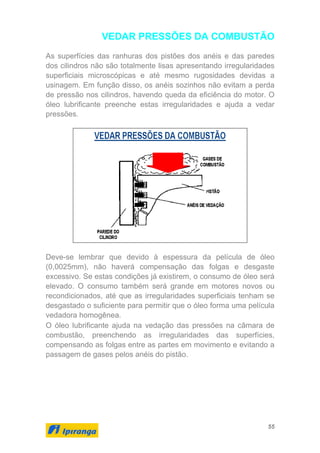 55
VEDAR PRESSÕES DA COMBUSTÃO
As superfícies das ranhuras dos pistões dos anéis e das paredes
dos cilindros não são totalmente lisas apresentando irregularidades
superficiais microscópicas e até mesmo rugosidades devidas a
usinagem. Em função disso, os anéis sozinhos não evitam a perda
de pressão nos cilindros, havendo queda da eficiência do motor. O
óleo lubrificante preenche estas irregularidades e ajuda a vedar
pressões.
Deve-se lembrar que devido à espessura da película de óleo
(0,0025mm), não haverá compensação das folgas e desgaste
excessivo. Se estas condições já existirem, o consumo de óleo será
elevado. O consumo também será grande em motores novos ou
recondicionados, até que as irregularidades superficiais tenham se
desgastado o suficiente para permitir que o óleo forma uma película
vedadora homogênea.
O óleo lubrificante ajuda na vedação das pressões na câmara de
combustão, preenchendo as irregularidades das superfícies,
compensando as folgas entre as partes em movimento e evitando a
passagem de gases pelos anéis do pistão.
 