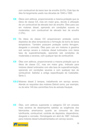 73
com combustível de baixo teor de enxofre (0,4%). Este tipo de
óleo foi largamente usado nas décadas de 1940 e 1950.
CB Óleos com aditivos, proporcionando a mesma proteção que os
óleos de classe CA, mas em maior grau, devido à utilização
de um combustível de elevado teor de enxofre. Óleo para uso
em motores diesel, operando em condições suaves ou
moderadas, com combustível de elevado teor de enxofre
(1,0%).
CC Os óleos da classe CC proporcionam proteção contra
depósitos de altas temperaturas e formação de borra de baixa
temperatura. Também possuem proteção contra ferrugem,
desgaste e corrosão. Óleo para uso em motores à gasolina
sob serviço severo e motores diesel turbinados com baixa
taxa de superalimentação, operando sob condições de
moderadas a severas, com qualquer tipo de combustível.
CD Óleo com aditivos, proporcionando a mesma proteção que os
óleos de classe CC, mas em maior grau. Indicado para
motores diesel turbinados com alta taxa de superalimentação,
operando em condições severas e com qualquer tipo de
combustível. Satisfaz a antiga especificação da Caterpillar,
Série 3.
CD-2 Motores diesel 2 tempos, trabalhando em serviço severo.
Atende os requisitos dos motores Detroit como, por exemplo,
os da série 149 dos caminhões fora de estrada Haulpak.
CE Óleo, com aditivos superando a categoria CD em ensaios
mais severos de desempenho satisfaz as exigências dos
fabricantes americanos quanto ao consumo de óleo
lubrificante, combustível, controle de depósitos, dispersância,
desgaste e corrosão. Homologada em abril de 1987. Indicado
para motores diesel turboalimentados em serviço severo.
 