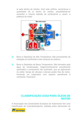 76
ar para dentro do cilindro. Com este artifício, aumenta-se a
quantidade de ar dentro do cilindro, possibilitando-se
aumentar o volume injetado de combustível e, assim, a
potência do motor.
2) Borra e Depósitos de Alta Temperatura: São provenientes da
oxidação do lubrificante e dos resíduos do carbono.
3) Borra e Depósitos de Baixa Temperatura: São formados pela
água de condensação, fuligem(combustível parcialmente
queimado) e combustível não queimado, que se aglomeram
no cárter, tampa de válvulas e demais partes frias do motor,
formando um subproduto com aspecto semelhante à
conhecida “maionese”.
CLASSIFICAÇÃO ACEA PARA ÓLEOS DE
MOTOR
A Associação dos Construtores Europeus de Automóveis tem uma
classificação de nível-desempenho, adotada pelos fabricantes de
 