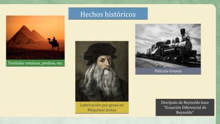 Hechos históricos
Trasladar estatuas, piedras, etc.
Película Gruesa
Lubricación por grasa en
Máquinas lentas
Discípulo de Reynolds hace
“Ecuación Diferencial de
Reynolds”
 