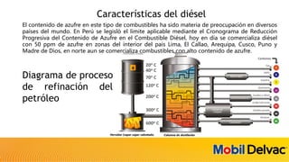 Características del diésel
El contenido de azufre en este tipo de combustibles ha sido materia de preocupación en diversos
países del mundo. En Perú se legisló el límite aplicable mediante el Cronograma de Reducción
Progresiva del Contenido de Azufre en el Combustible Diésel, hoy en día se comercializa diésel
con 50 ppm de azufre en zonas del interior del país Lima, El Callao, Arequipa, Cusco, Puno y
Madre de Dios, en norte aun se comercializa combustibles con alto contenido de azufre.
Diagrama de proceso
de refinación del
petróleo
 