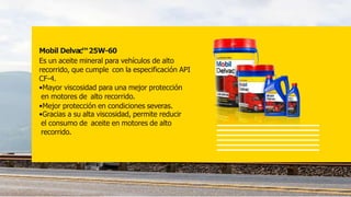Mobil Delvac™25W-60
Es un aceite mineral para vehículos de alto
recorrido, que cumple con la especificación API
CF-4.
•Mayor viscosidad para una mejor protección
en motores de alto recorrido.
•Mejor protección en condiciones severas.
•Gracias a su alta viscosidad, permite reducir
el consumo de aceite en motores de alto
recorrido.
 