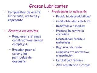 Grasas Lubricantes
• Compuestas de aceite
lubricante, aditivos y
espesante.
• Frente a los aceites
– Requieren sistemas
constructivos menos
complejos
– Evacúan peor el
calor y las
partículas de
desgaste
• Propiedades s/ aplicación:
– Rápida biodegradabilidad
– Conductibilidad eléctrica
– Resistencia a medios
– Protección contra la
corrosión
– Neutralidad frente a
materiales
– Bajo nivel de ruido
– Cumplimiento normativa
alimentación
– Estabilidad térmica
– Alta resistencia a cargas
 