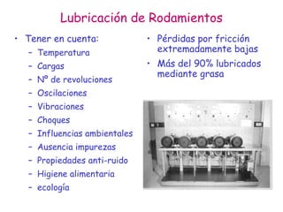 Lubricación de Rodamientos
• Tener en cuenta:
– Temperatura
– Cargas
– Nº de revoluciones
– Oscilaciones
– Vibraciones
– Choques
– Influencias ambientales
– Ausencia impurezas
– Propiedades anti-ruido
– Higiene alimentaria
– ecología
• Pérdidas por fricción
extremadamente bajas
• Más del 90% lubricados
mediante grasa
 