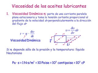 Viscosidad de los aceites lubricantes
1. Viscosidad Dinámica η: parte de una corriente paralela
plana estacionaria y toma la tensión cortante proporcional al
gradiente de la velocidad dv perpendicularmente a la dirección
del flujo dr
d
= ·
dr

 
ViscosidadDinámica 
·dr
r





Si η depende sólo de la presión y la temperatura: líquido
Neutoniano
2 3 3
Pa · s =1 N·s/m =10 Poise =10 centipoise =10 cP
 