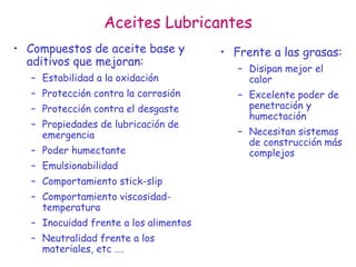 Aceites Lubricantes
• Compuestos de aceite base y
aditivos que mejoran:
– Estabilidad a la oxidación
– Protección contra la corrosión
– Protección contra el desgaste
– Propiedades de lubricación de
emergencia
– Poder humectante
– Emulsionabilidad
– Comportamiento stick-slip
– Comportamiento viscosidad-
temperatura
– Inocuidad frente a los alimentos
– Neutralidad frente a los
materiales, etc ….
• Frente a las grasas:
– Disipan mejor el
calor
– Excelente poder de
penetración y
humectación
– Necesitan sistemas
de construcción más
complejos
 