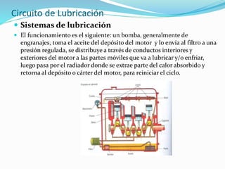 Circuito de Lubricación
 Sistemas de lubricación
 El funcionamiento es el siguiente: un bomba, generalmente de
engranajes, toma el aceite del depósito del motor y lo envía al filtro a una
presión regulada, se distribuye a través de conductos interiores y
exteriores del motor a las partes móviles que va a lubricar y/o enfriar,
luego pasa por el radiador donde se extrae parte del calor absorbido y
retorna al depósito o cárter del motor, para reiniciar el ciclo.
 