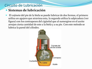 Circuito de Lubricación
 Sistemas de lubricación
 El cojinete del pie de la biela se puede lubricar de dos formas, el primero
utiliza un agujero que atraviesa esta, la segunda utiliza la salpicadura (ver
figura) con los contrapesos del cigüeñal que al sumergirse en el aceite
arrojan cierta cantidad de este a la biela y a su pie. Con este método se
lubrica la pared del cilindro.
 