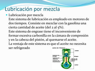 Lubricación por mezcla
 Lubricación por mezcla
Este sistema de lubricación es empleado en motores de
dos tiempos. Consiste en mezclar con la gasolina una
cierta cantidad de aceite (del 2 al 5%).
Este sistema de engrase tiene el inconveniente de
formar excesiva carbonilla en la cámara de compresión
y en la cabeza del pistón, al quemarse el aceite.
La ventaja de este sistema es que el aceite no necesita
ser refrigerado
 