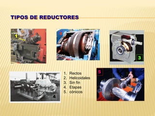 TIPOS DE REDUCTORES
1. Rectos
2. Helicoidales
3. Sin fin
4. Etapas
5. cónicos
1
2
3
5
4
 