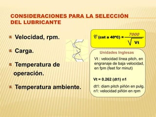 Velocidad, rpm.
Carga.
Temperatura de
operación.
Temperatura ambiente.
CONSIDERACIONES PARA LA SELECCIÓN
DEL LUBRICANTE
V (cst a 40ºC) =
7000
Vt
Vt : velocidad línea pitch, en
engranaje de baja velocidad,
en fpm (feet for minut)
Unidades Inglesas
Vt = 0.262 (dt1) n1
dt1: diam pitch piñón en pulg.
n1: velocidad piñón en rpm
 