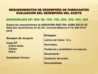 ENGRANAJES EP: ISO: 68, 100, 150, 220, 320, 460, 680
Supera los requerimientos de ANSI/AGMA 9005 D94, AGMA 250.04 US
Steel 224, David Brown S1.53.101, Cincinati Milacron P-74, DIN 51517
part3
Ensayos:
Lámina de Cobre: <2 a.
Herrumbre,
Tendencia y estabilidad a la espuma,
Desaireación
Oxidación del aceite,
Demulsibilidad
Ensayos de desgaste
Carga EP
Cuatro bolas
Timken
FZG 4
Estabilidad Térmica
REQUERIMIENTOS DE DESEMPEÑO DE FABRICANTES
EVALUACIÓN DEL DESEMPEÑO DEL ACEITE
 