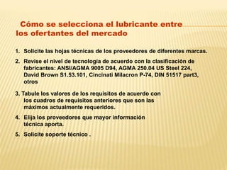 Cómo se selecciona el lubricante entre
los ofertantes del mercado
1. Solicite las hojas técnicas de los proveedores de diferentes marcas.
2. Revise el nivel de tecnología de acuerdo con la clasificación de
fabricantes: ANSI/AGMA 9005 D94, AGMA 250.04 US Steel 224,
David Brown S1.53.101, Cincinati Milacron P-74, DIN 51517 part3,
otros
3. Tabule los valores de los requisitos de acuerdo con
los cuadros de requisitos anteriores que son las
máximos actualmente requeridos.
4. Elija los proveedores que mayor información
técnica aporta.
5. Solicite soporte técnico .
 