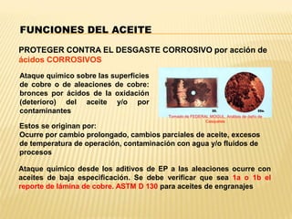 PROTEGER CONTRA EL DESGASTE CORROSIVO por acción de
ácidos CORROSIVOS
FUNCIONES DEL ACEITE
Tomado de FEDERAL MOGUL, Análisis de daño de
Casquetes
Ataque químico sobre las superficies
de cobre o de aleaciones de cobre:
bronces por ácidos de la oxidación
(deterioro) del aceite y/o por
contaminantes
Estos se originan por:
Ocurre por cambio prolongado, cambios parciales de aceite, excesos
de temperatura de operación, contaminación con agua y/o fluidos de
procesos
Ataque químico desde los aditivos de EP a las aleaciones ocurre con
aceites de baja especificación. Se debe verificar que sea 1a o 1b el
reporte de lámina de cobre. ASTM D 130 para aceites de engranajes
 