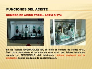 NUMERO DE ACIDO TOTAL. ASTM D 974
En los aceites ENGRANAJES EP, se mide el número de acidez total,
TAN para determinar el alcance de este valor por ácidos formados
durante el DESEMPEÑO del lubricante, ácidos producto de la
oxidación, ácidos producto de contaminación.
FUNCIONES DEL ACEITE
 