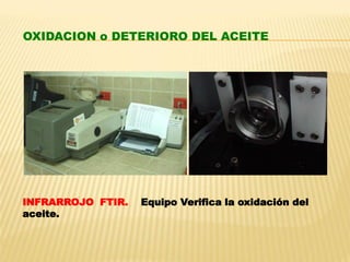 INFRARROJO FTIR. Equipo Verifica la oxidación del
aceite.
OXIDACION o DETERIORO DEL ACEITE
 