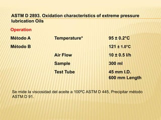 ASTM D 2893. Oxidation characteristics of extreme pressure
lubrication Oils
Operation
Método A Temperature* 95 ± 0.2°C
Método B 121 ± 1.0°C
Air Flow 10 ± 0.5 l/h
Sample 300 ml
Test Tube 45 mm I.D.
600 mm Length
Se mide la viscosidad del aceite a 100ºC ASTM D 445, Precipitar método
ASTM D 91.
 