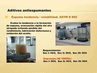 Evalúa la tendencia a la formación
de espuma, evacuación rápida del aire
atrapado evitando pérdida del
rendimiento, lubricación defectuosa y
oxidación del aceite.
Requerimiento:
Sec I: 50/0, Sec II: 50/0, Sec III: 50/0
Engranajes DE TERPEL:
Sec I: 50/0, Sec II: 50/0, Sec III: 50/0
Espuma tendencia / estabilidad. ASTM D 892
Aditivos antiespumantes
 