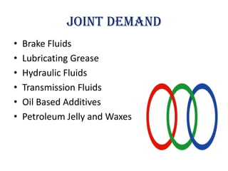 Joint Demand
•   Brake Fluids
•   Lubricating Grease
•   Hydraulic Fluids
•   Transmission Fluids
•   Oil Based Additives
•   Petroleum Jelly and Waxes
 