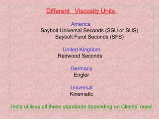 Different Viscosity Units
America
Saybolt Universal Seconds (SSU or SUS)
Saybolt Furol Seconds (SFS)
United Kingdom
Redwood Seconds
Germany
Engler
Universal
Kinematic
India utilises all these standards depending on Clients’ need
 