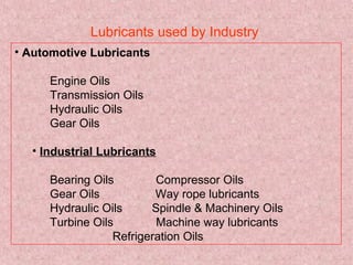 Lubricants used by Industry
• Automotive Lubricants
Engine Oils
Transmission Oils
Hydraulic Oils
Gear Oils
• Industrial Lubricants
Bearing Oils Compressor Oils
Gear Oils Way rope lubricants
Hydraulic Oils Spindle & Machinery Oils
Turbine Oils Machine way lubricants
Refrigeration Oils
 