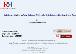 Lubricants Market by Type (Mineral Oil, Synthetic Lubricants, Bio-Based, and Greas
By
MarketsandMarkets
Browse more reports on Market Research @
http://www.rnrmarketresearch.com/reports/materials-chemicals/chemicals .
© RnRMarketResearch.com ;
sales@rnrmarketresearch.com ;
+1 888 391 5441
Published: May-2016
Single User : US $4650
Corporate User : US $7150
 