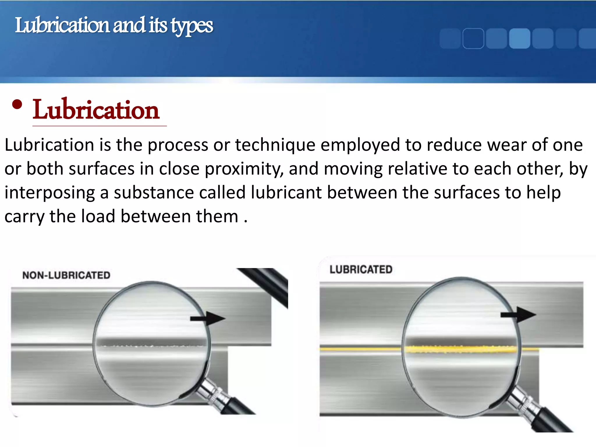 Lubricationanditstypes
• Lubrication
Lubrication is the process or technique employed to reduce wear of one
or both surfaces in close proximity, and moving relative to each other, by
interposing a substance called lubricant between the surfaces to help
carry the load between them .
 