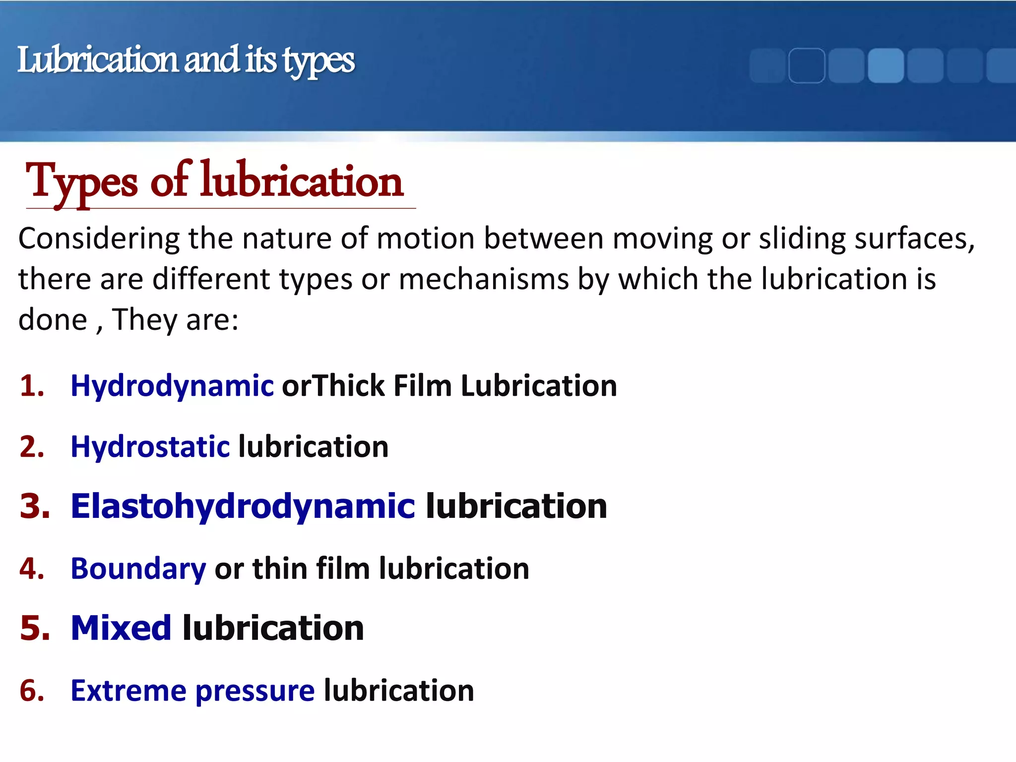 Lubricationanditstypes
Types of lubrication
Considering the nature of motion between moving or sliding surfaces,
there are different types or mechanisms by which the lubrication is
done , They are:
1. Hydrodynamic orThick Film Lubrication
2. Hydrostatic lubrication
3. Elastohydrodynamic lubrication
4. Boundary or thin film lubrication
5. Mixed lubrication
6. Extreme pressure lubrication
 