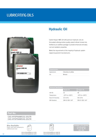 12
LubricatingOils
Castrol Hyspin AWS 32 & 46 premium hydraulic oils are
formulated utilising turbine quality solvent refined mineral oils,
fortified by an additive package to provide enhanced anti-wear,
rust and oxidation properties.
Meets the requirements of the majority of hydraulic system
original equipment manufacturers.
Part No:
CAS-HYSPINAWS32-20LTR
CAS-HYSPINAWS46-20LTR
Hydraulic Oil
Characteristics
Appearance: Colourless to yellow
Oil: Mineral
Technical Specification
ISO VG: 32 46
Temperature: -10°C to +105°C -10°C to +105°C
Base Oil Viscosity: 32 mm²/s 46 mm²/s
DIN Standard: DIN 51 502: HLP DIN 51 502: HLP
Hyspin 32 Hyspin 46
Also Available:
Please check stock availability for
additional pack sizes
Available in the following
viscosity grades:
10, 15, 22, 68,
100, 180.
5L
CAS-HYSPINAWS32-5LTR
CAS-HYSPINAWS46-5LTR
208L
CAS-HYSPINAWS32-208LTR
CAS-HYSPINAWS46-208LTR
 