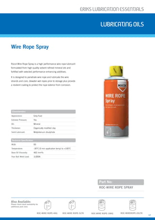 ERIKSLUBRIcATIONESSENTIALS
17
Rocol Wire Rope Spray is a high performance wire rope lubricant
formulated from high quality solvent refined mineral oils and
fortified with selected performance enhancing additives.
It is designed to penetrate wire rope and lubricate the wire
strands and core, dewater wet ropes prior to storage plus provide
a resilient coating to protect the rope exterior from corrosion.
Wire Rope Spray
Lubricatingoils
Part No:
ROC-WIRE ROPE SPRAY
Appearance: Grey fluid
Extreme Pressure: Yes
Oil: Mineral
Thickener: Organically modified clay
Solid Lubricant: Molybdenum disulphide
Characteristics
Technical Specification
NLGI: 00
Temperature: -30°C (0 min application temp) to +100°C
Base Oil Viscosity: 465 mm²/s
Four Ball Weld Load: 3,000N
Also Available:
Please check stock availability for
additional pack sizes
ROC-WIRE ROPE-4KG ROC-WIRE ROPE-18KGROC-WIRE ROPE-5LTR ROC-WIREROPE-20LTR
18KG4KG 20L5L
 