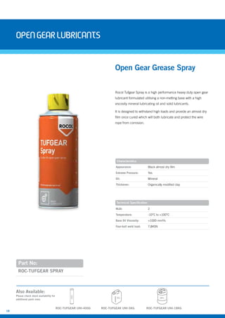 18
Part No:
Characteristics
Technical Specification
opengearLubricants
Rocol Tufgear Spray is a high performance heavy duty open gear
lubricant formulated utilising a non-melting base with a high
viscosity mineral lubricating oil and solid lubricants.
It is designed to withstand high loads and provide an almost dry
film once cured which will both lubricate and protect the wire
rope from corrosion.
ROC-TUFGEAR SPRAY
Open Gear Grease Spray
Appearance: Black almost dry film
Extreme Pressure: Yes
Oil: Mineral
Thickener: Organically modified clay
NLGI: 2
Temperature: -10°C to +100°C
Base Oil Viscosity: >1000 mm²/s
Four-ball weld load: 7,845N
ROC-TUFGEAR UNI-5KG
Also Available:
Please check stock availability for
additional pack sizes
5KG
ROC-TUFGEAR UNI-400G
400G
ROC-TUFGEAR UNI-18KG
18KG
 