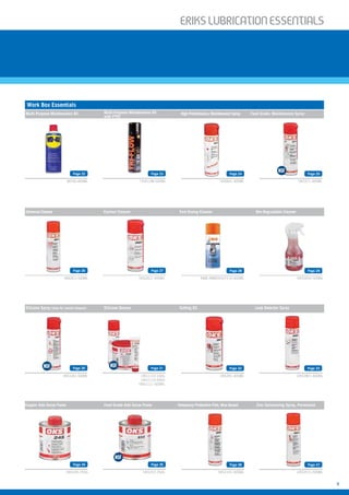 ERIKSLUBRIcATIONESSENTIALS
5
Universal Cleaner Contact Cleaner Fast Drying Cleaner Bio-Degradable Cleaner
Copper Anti-Seize Paste Food Grade Anti-Seize Paste Temporary Protective Film, Wax Based Zinc Galvanizing Spray, Permanent
Work Box Essentials
Silicone Spray (also for mould release) Silicone Grease Cutting Oil Leak Detector Spray
Multi-Purpose Maintenance Oil Multi-Purpose Maintenance Oil
with PTFE
High Performance, Maintenance Spray Food Grade, Maintenance Spray
Page 22 Page 23 Page 24 Page 25
Page 26 Page 27 Page 28 Page 29
Page 30 Page 31 Page 32 Page 33
Page 34 Page 35 Page 36 Page 37
OKS2611-500ML OKS2621-400ML AMB-AMBERKLFE10-400ML OKS2650-500ML
OKS245-250G OKS252-250G OKS2101-500ML OKS2511-500ML
OKS1361-500ML OKS1110-100G
OKS1110-500G
OKS1111-500ML
OKS391-400ML OKS2801-400ML
WD40-400ML TRIFLOW-500ML OKS641-500ML OKS371-500ML
 