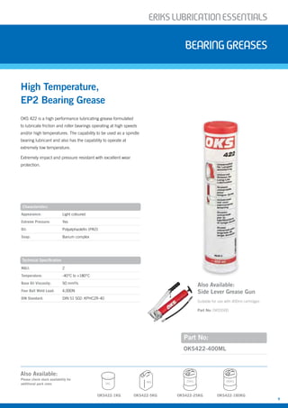 ERIKSLUBRIcATIONESSENTIALS
9
BearingGreases
OKS 422 is a high performance lubricating grease formulated
to lubricate friction and roller bearings operating at high speeds
and/or high temperatures. The capability to be used as a spindle
bearing lubricant and also has the capability to operate at
extremely low temperature.
Extremely impact and pressure resistant with excellent wear
protection.
Part No:
OKS422-400ML
High Temperature,
EP2 Bearing Grease
Characteristics
Appearance: Light coloured
Extreme Pressure: Yes
Oil: Polyalphaolefin (PAO)
Soap: Barium complex
Technical Specification
NGLI: 2
Temperature: -40°C to +180°C
Base Oil Viscosity: 50 mm²/s
Four Ball Weld Load: 4,000N
DIN Standard: DIN 51 502: KPHC2R-40
Also Available:
Please check stock availability for
additional pack sizes
OKS422-5KG OKS422-25KG
5KG 25KG
OKS422-1KG
1KG
OKS422-180KG
180KG
Also Available:
Side Lever Grease Gun
Suitable for use with 400ml cartridges
Part No: OKS5500
 
