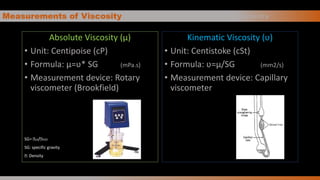 Measurements of Viscosity
Absolute Viscosity (µ)
• Unit: Centipoise (cP)
• Formula: µ=ʋ* SG (mPa.s)
• Measurement device: Rotary
viscometer (Brookfield)
SG= Ꝭoil/ꝬH2O
SG: specific gravity
Ꝭ: Density
Kinematic Viscosity (ʋ)
• Unit: Centistoke (cSt)
• Formula: ʋ=µ/SG (mm2/s)
• Measurement device: Capillary
viscometer
V i s c o s i t y
 