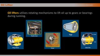 Oil Lifter
Oil lifters utilizes rotating mechanisms to lift oil up to gears or bearings
during running.
Oil Application Methods
 