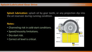 Splash-Lubricated Gear Drive
Splash lubrication: splash oil by gear teeth, or any projection dip into
the oil reservoir during running condition.
Notes:
• Channeling risk in cold-start conditions.
• Speed/viscosity limitations.
• Dry-start risk.
• Correct oil level is critical.
Oil Application Methods
 