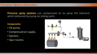 Pressure Spray Lubrication
Pressure spray systems use compressed air to spray the lubricant
which delivered by pump on sliding parts.
Components:
• Oil pump.
• Compressed air supply.
• Ejectors.
• Spar nozzles.
Oil Application Methods
 