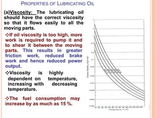 PROPERTIES OF LUBRICATING OIL
11
(a)Viscosity: The lubricating oil
should have the correct viscosity
so that it flows easily to all the
moving parts.
❖If oil viscosity is too high, more
work is required to pump it and
to shear it between the moving
parts. This results in greater
friction work, reduced brake
work and hence reduced power
output.
❖Viscosity is highly
on temperature,
with decreasing
dependent
increasing
temperature.
❖The fuel consumption may
increase by as much as 15 %.
 