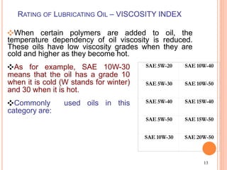 13
RATING OF LUBRICATING OIL – VISCOSITY INDEX
❖When certain polymers are added to oil, the
temperature dependency of oil viscosity is reduced.
These oils have low viscosity grades when they are
cold and higher as they become hot.
❖As for example, SAE 10W-30
means that the oil has a grade 10
when it is cold (W stands for winter)
and 30 when it is hot.
❖Commonly used oils in this
category are:
SAE 5W-20 SAE 10W-40
SAE 5W-30 SAE 10W-50
SAE 5W-40 SAE 15W-40
SAE 5W-50 SAE 15W-50
SAE 10W-30 SAE 20W-50
 